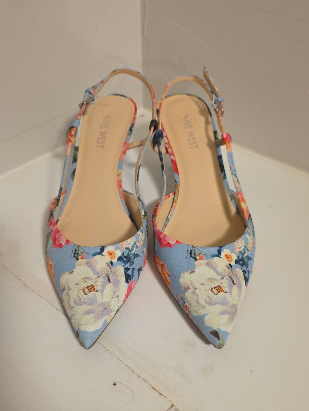 Nine West Blue Floral Pointed Slingback Flats